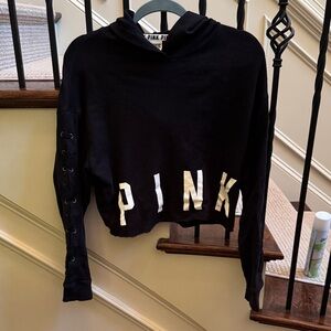 Black Cropped Hoodie with PINK Lettering Size XS